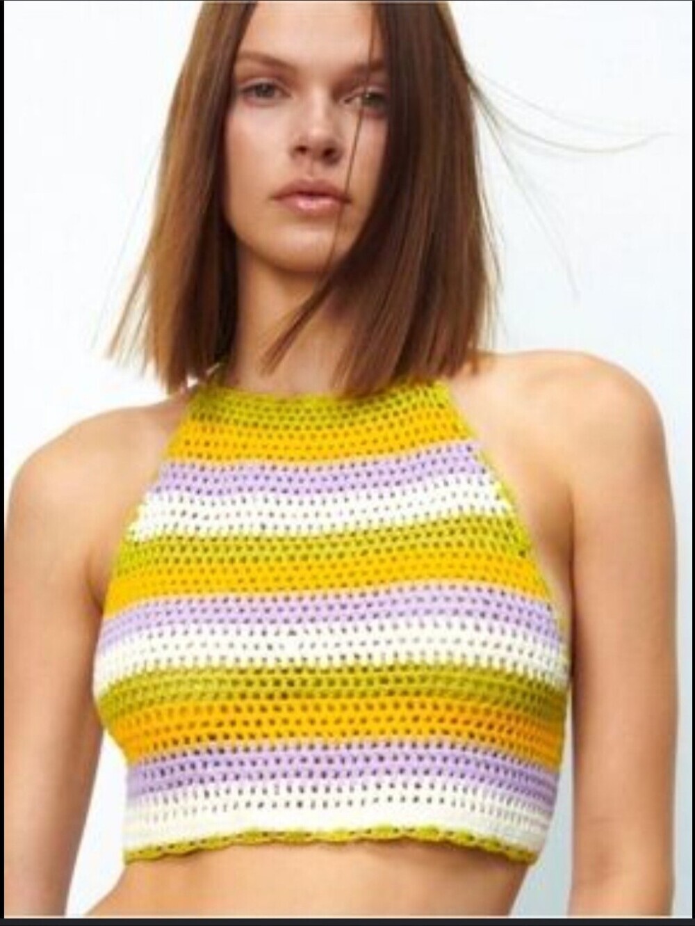 Zara Crochet Open Back Cropped Halter Top Striped Boho Whimsical Large